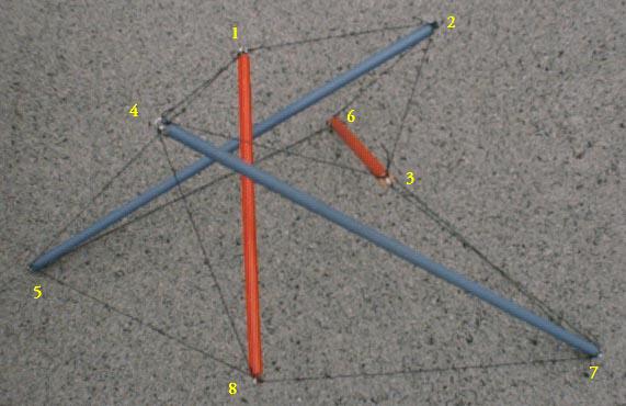 side view of reduced-symmetry four-fold red-blue dowel-and-fishing-line tensegrity prism
