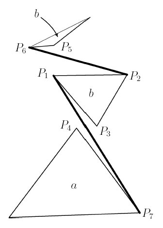 three triangles connected by two solid struts with point labels