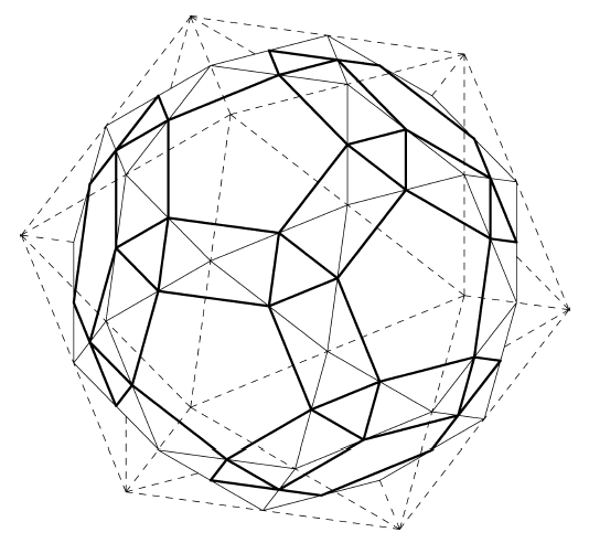 2v icosahedron inscribed with alternating vertex-tangent triangle/pentagon network
