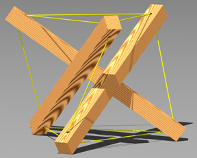 orthogonal tensegrity prism with square wood struts and yellow tendons