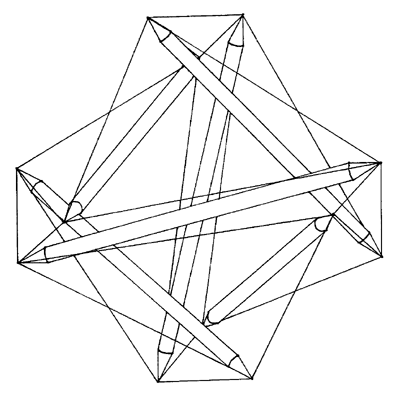 line drawing of dowel-and-fishing-line tensegrity tetrahedron in diamond configuration