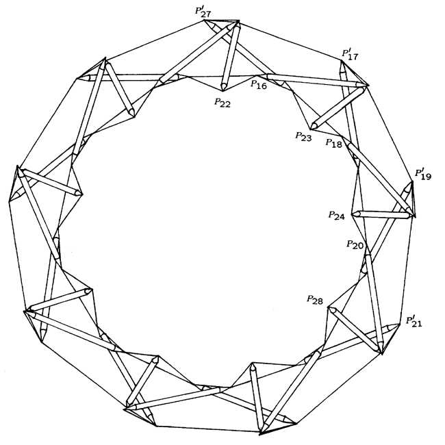 base view of dowel and fishing line drawing of 6v double-layer t-octahedron dome with point labels