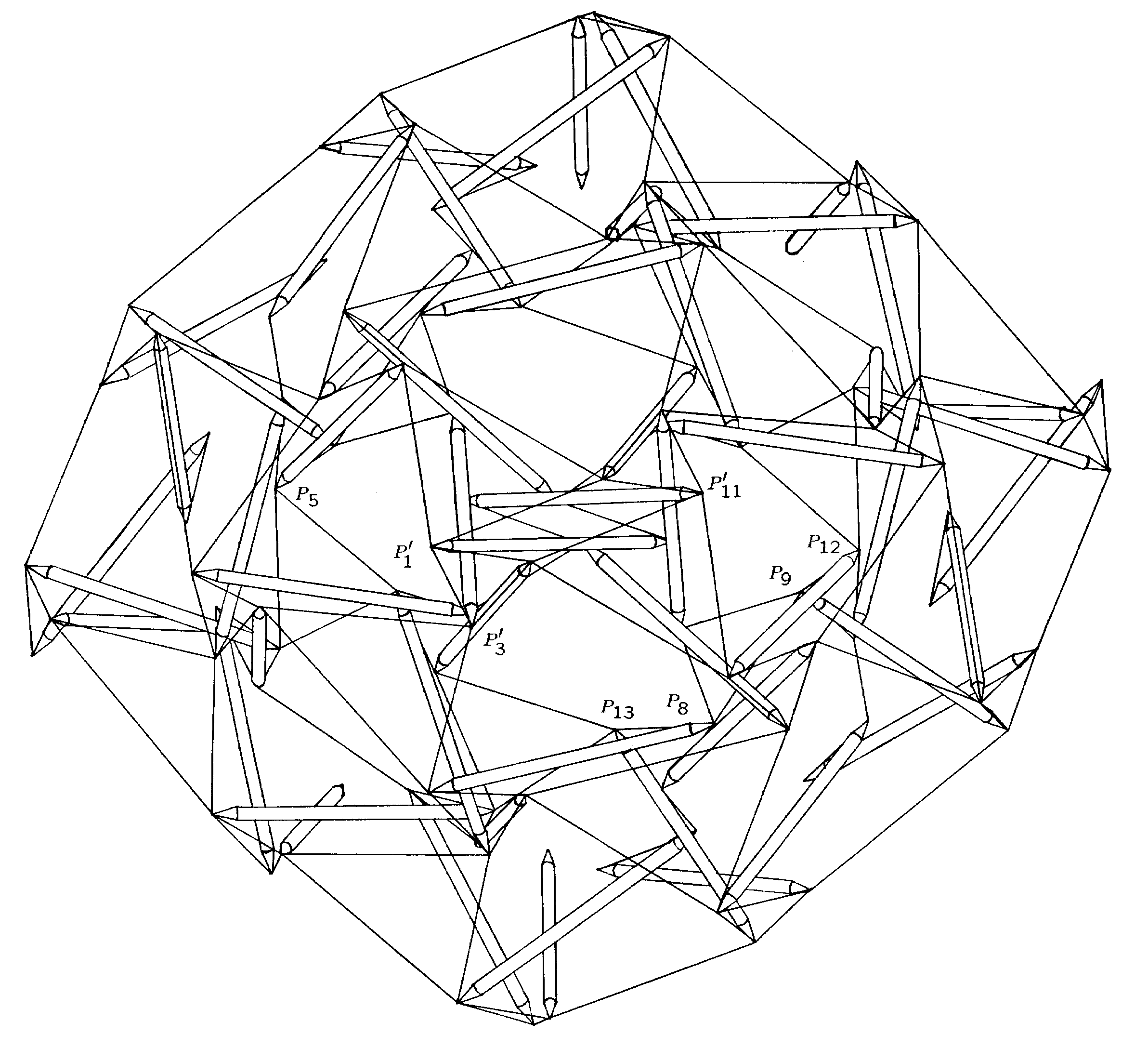 line drawing of dowel-and-fishing-line of near half of 6v sphere with some point labels