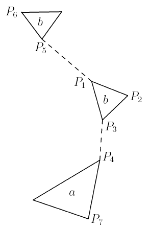three triangles connected by two dashed tendons with point labels