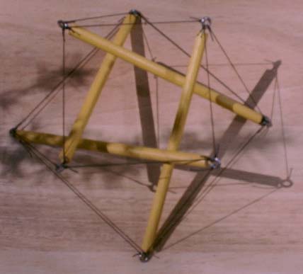 photo of dowel and fishing line tensegrity half cuboctahedron
          in the shadow of rosemary