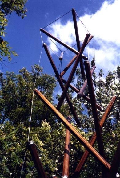 photo of upper portion of a tensegrity tower built by Jan Marcus