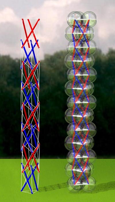 ray trace of tensegrity tower beside octahelix stack