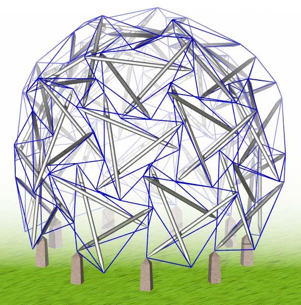 dome made of tensegrity three-fold prisms based on 6v octahedron
