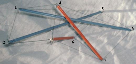 side view of skew red-blue dowel-and-fishing-line tensegrity four-prism