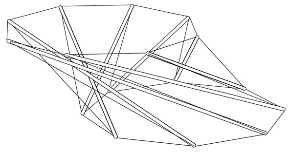ray-traced side view of skew tensegrity eight-prism with
          equal-length tendons on both ends