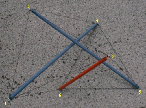 side view of more-regular skew red-blue dowel-and-fishing-line tensegrity three-prism
