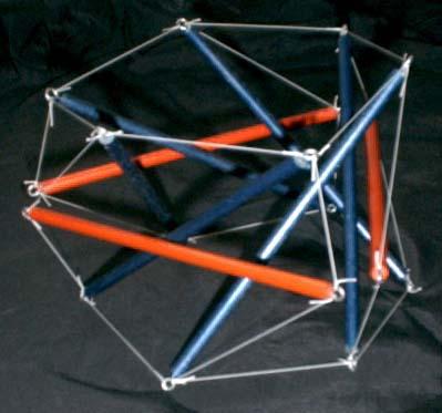 dowel-and-fishing-line augmented tensegrity six-fold prism
          study with three-fold symmetry