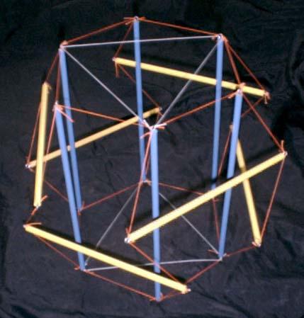 dowel-and-fishing-line augmented modified tensegrity truncated cuboctahedron