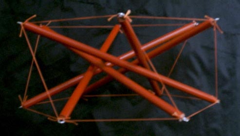 side view of six-fold dowel-and-fishing-line tensegrity prism