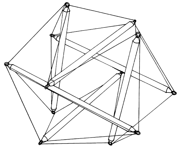 line drawing of dowel-and-fishing-line tensegrity icosahedron