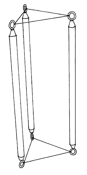 three sticks with eyes at either end, ends connected by string