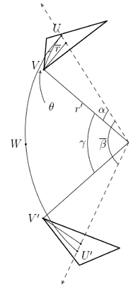 two triangles skewered on two tetrahedrally-oriented axes with math annotation