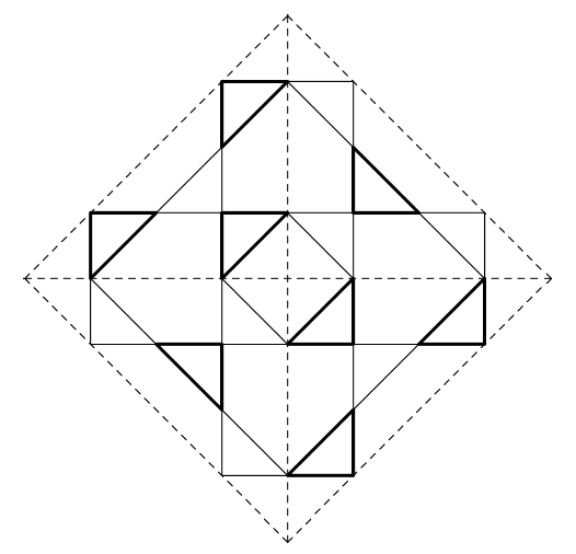 dotted-line quartered diamond with alternating grid of fine-lined and thick-lined triangles
